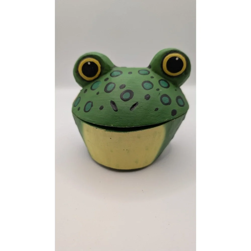 Vintage Hand Painted Wooden Frog Trinket Box Hinged Lid Storage Container